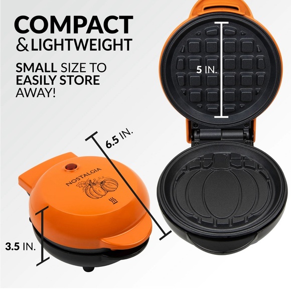 Pumpkin orange mini waffle maker by Nostalgia!! Super compact!! New- manuals! - Picture 5 of 10